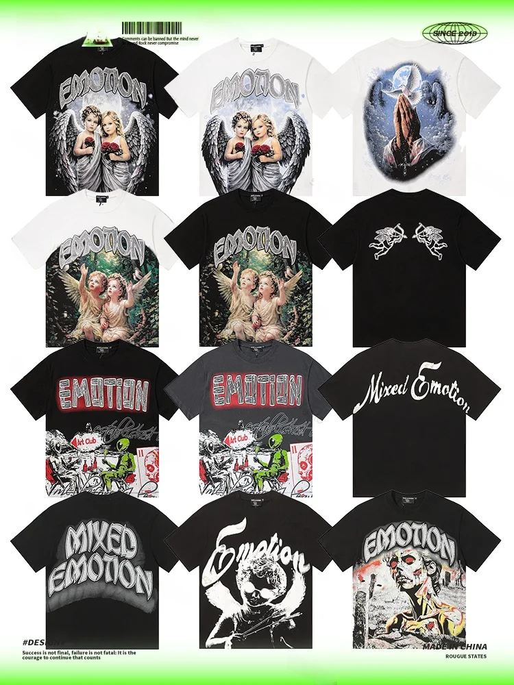 Mixed Emotion Series Street Style Printed T-Shirt Short Sleeve Unisex Cotton Casual Wear Summer Trendy Brand Graphic Tee