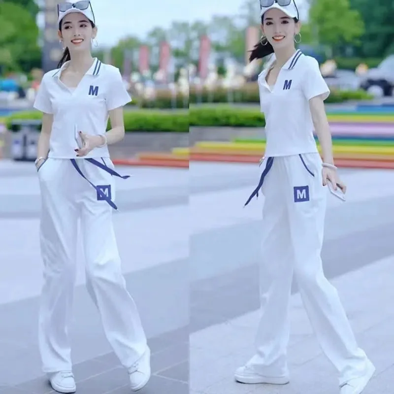 

Summer New Polo Collar Short Sleeved Sports T-shirt Casual Pencil Pants Two-piece Set Elegant Women's Pants Set