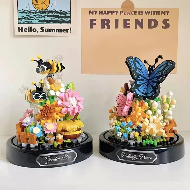 

Строительные блоки бонсай с бабочкой и цветком и пылезащитным чехлом, пластиковая модель, мини-кирпичи, детский рождественский подарок на Новый год, игрушки для сборки своими руками