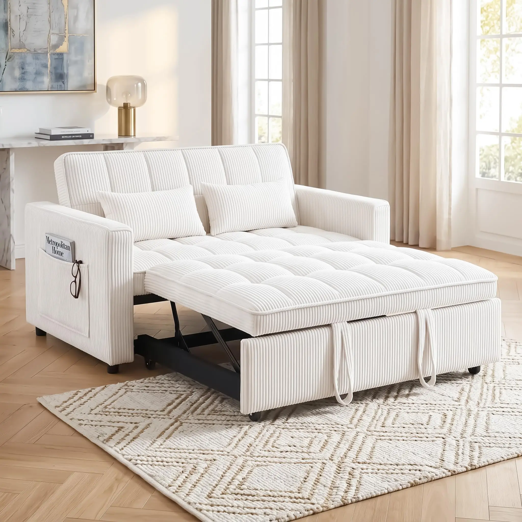 Aliexpress 3 in 1 Convertible Sleeper Sofa Bed, 54'' Full Size Corduroy Pull Out Futon Couch Recliner with Reclining Backrest & 2 - Aliexpress Deal