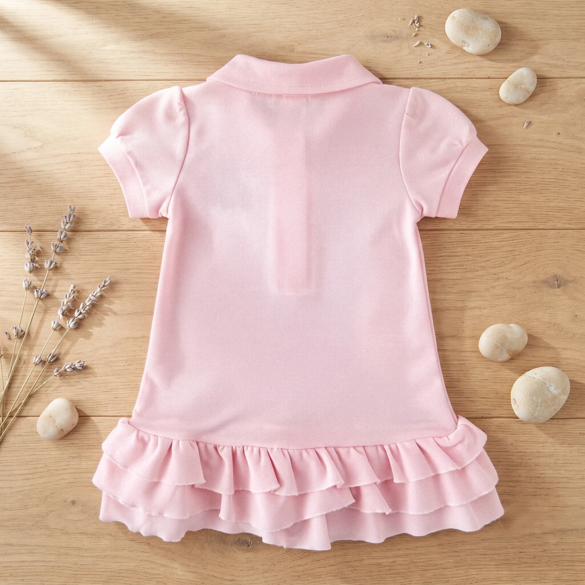 Summer Baby Girls Cute Bear Embroidered Polo Dress Puff Sleeve Ruffle Trim Pink Mini Dress Sweet Kids Outfit 0-3 Years
