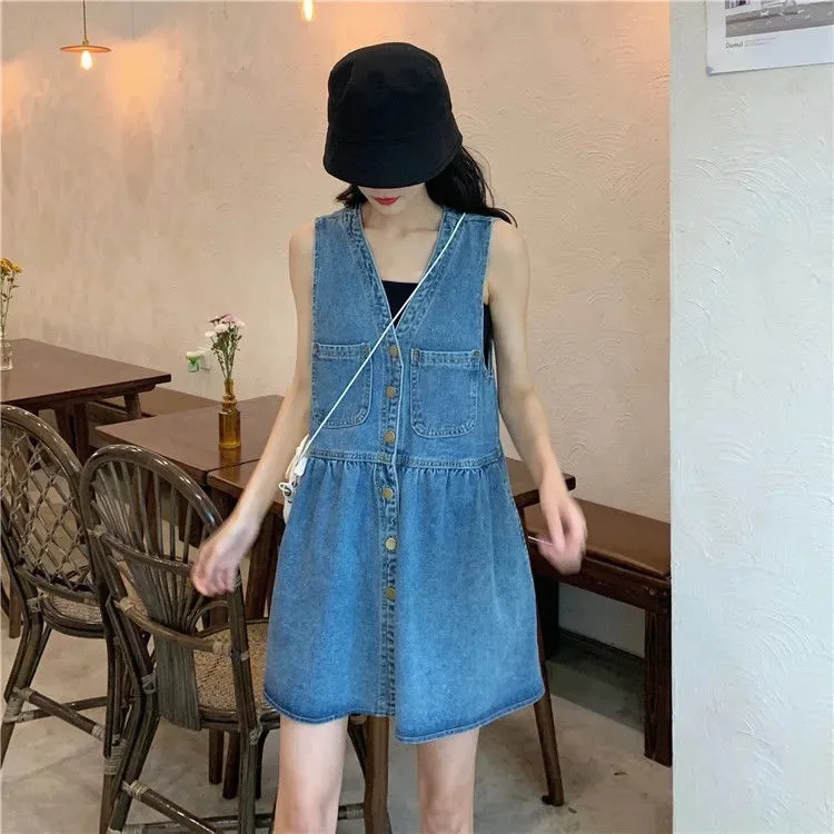 Suspender Dress Women Denim Short Dresses A Line Vestidos Single Breasted V Neck Sleeveless Elegant High Street Beach Summer - view 2