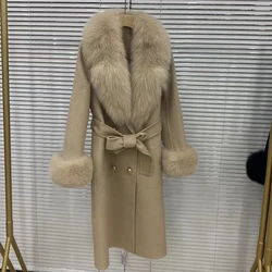 2024 Long Women Wool Cashmere Blended Coat with Big Real Fox Fur Collar Fashion Winter Jacket double breasted Belt Outwear Cuff