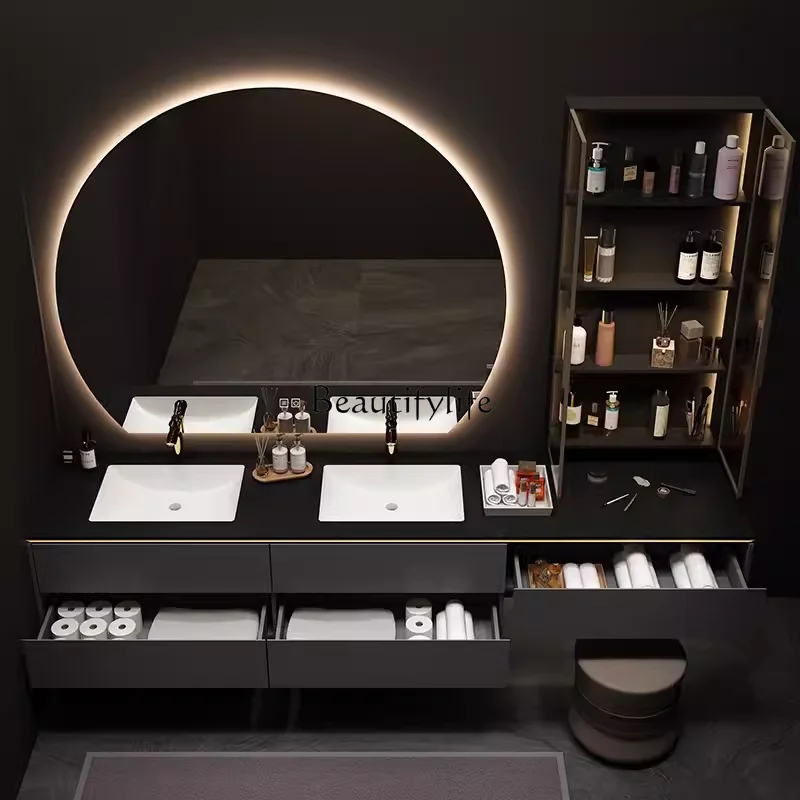 Italian minimalist solid wood bathroom cabinet combination rock slab seamless ceramic basin washstand