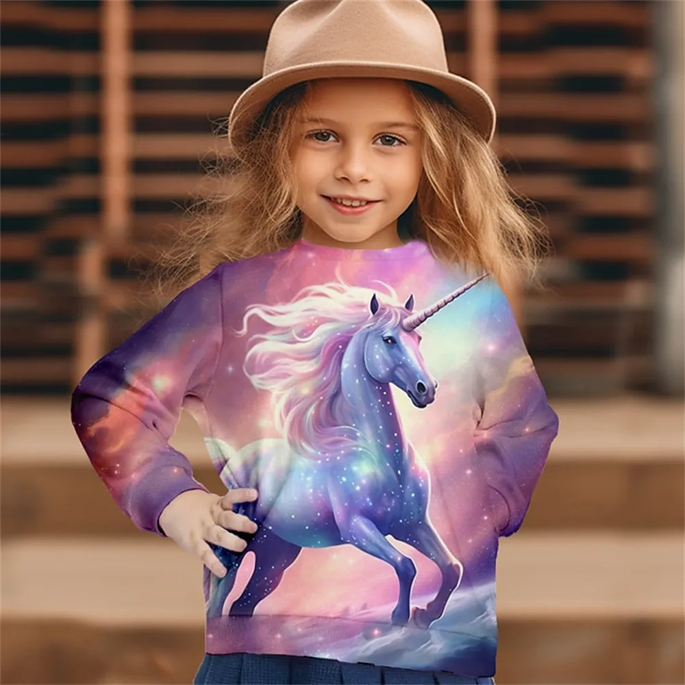 Cartoon unicórnio poliéster para meninas, roupas de manga comprida, tops casuais infantis, roupas de bebê, moda infantil, envio de 5 dias