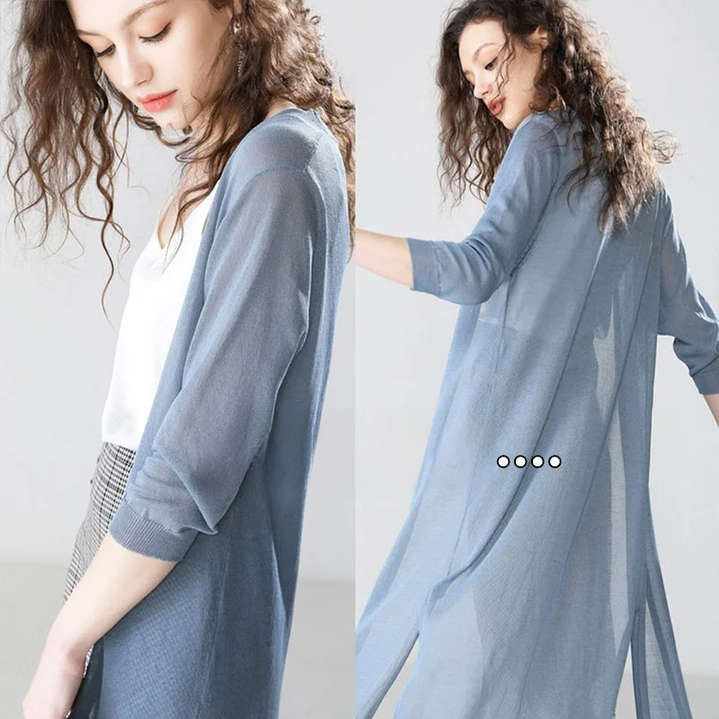

Women's Loose Knitted Ice Silk Sun Protection Outerwear Summer Lightweight V-Ne Cardigan Mid-Length Air Conditioning irt