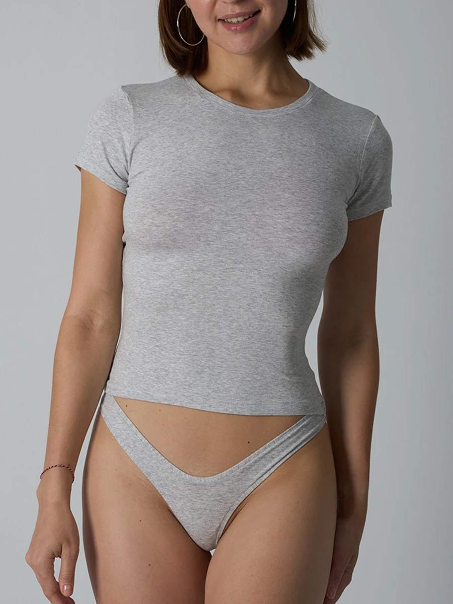 

Gray Cotton T-shirt Brief Sets Women Summer O-Neck Short Sleeve Tees+sexy Low Waist Panties Female Solid Simple Home Set New