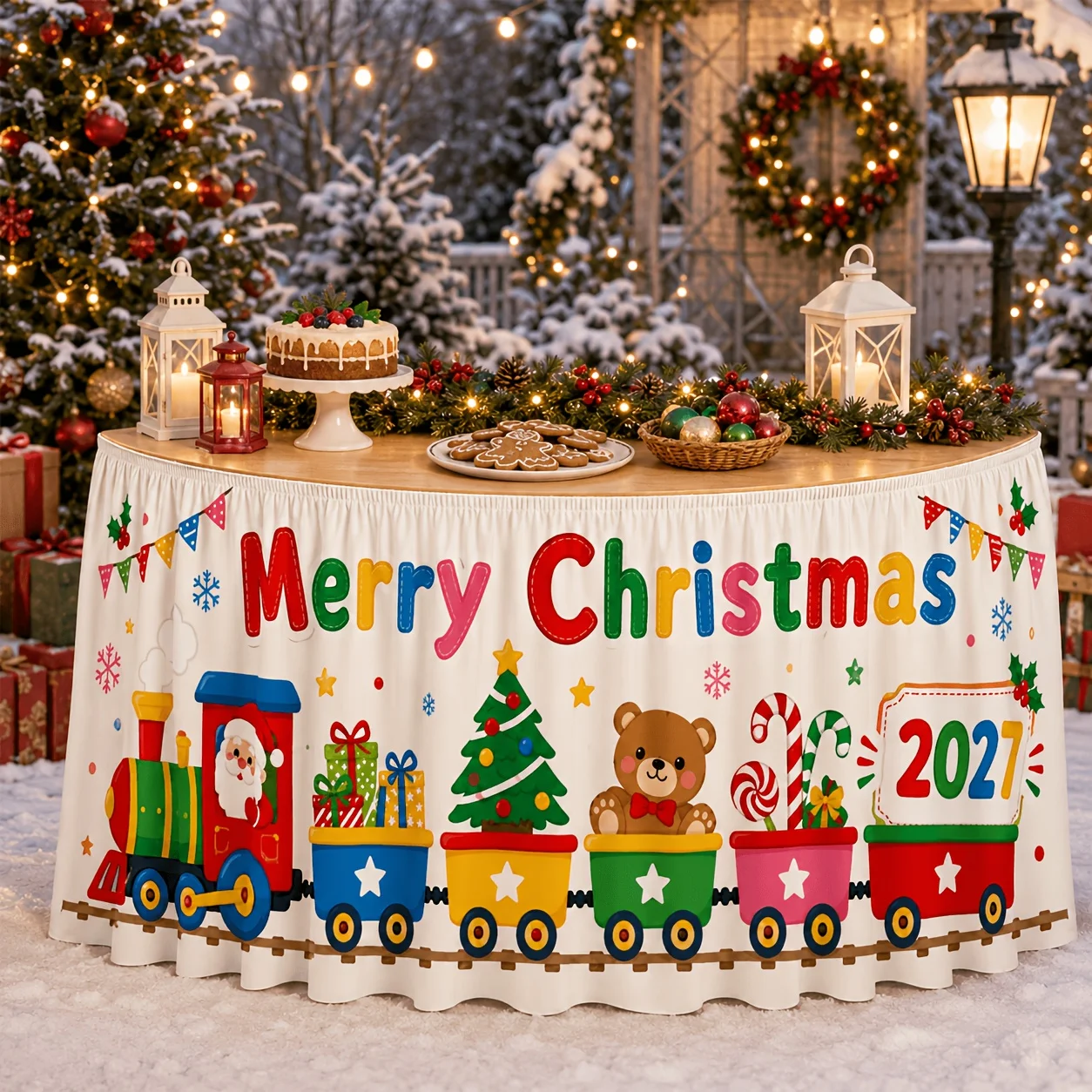 1 tablecloth table skirt, Merry Christmas 2027 tablecloth, cute Christmas train Santa bear