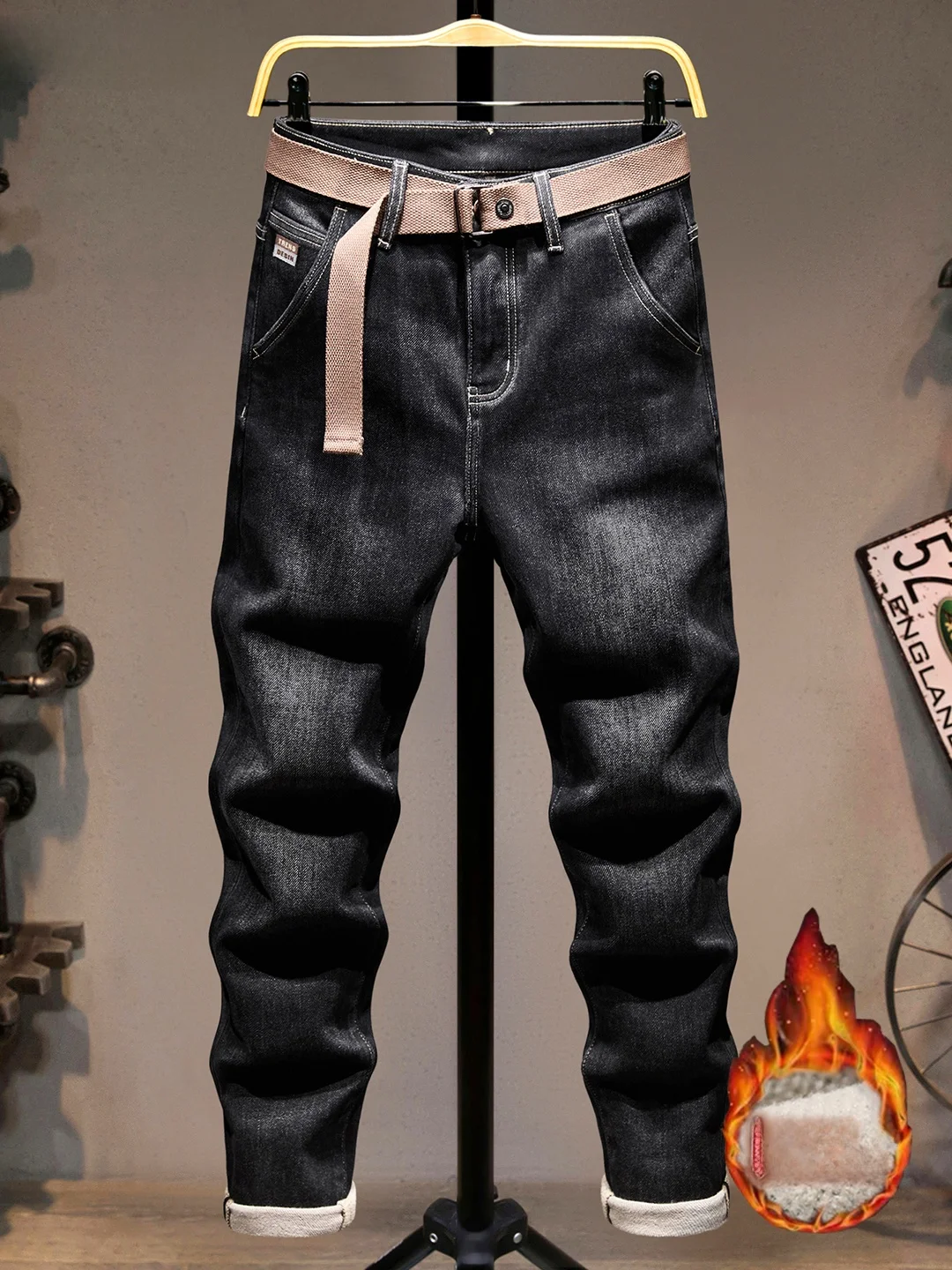 

Утепленные мужские джинсы Slim Fit с флисовой подкладкой, черные, модные, с косыми карманами, высокоэластичные, длинные брюки, повседневные, дышащие, теплые