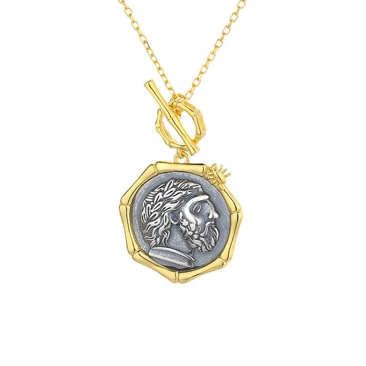 

N14 ZFSILVER S925 Sterling Silver Fashion Trendy God Zeus Retro Gold Ancient Coin Necklace For Women Party Wedding Chram Jewelry