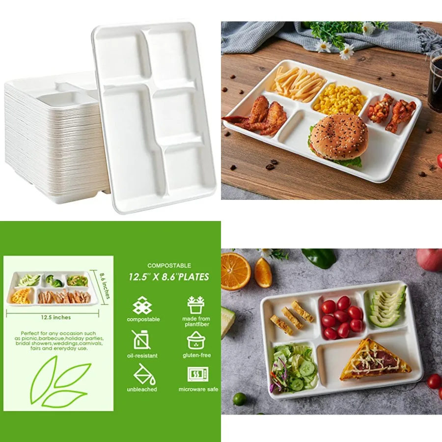 

100 Compostable 5 Compartment Paper Plates 100 Pack 12.5 x 8.6 inch Disposable School Lunch Trays EcoFriendly Bagasse Plates fo