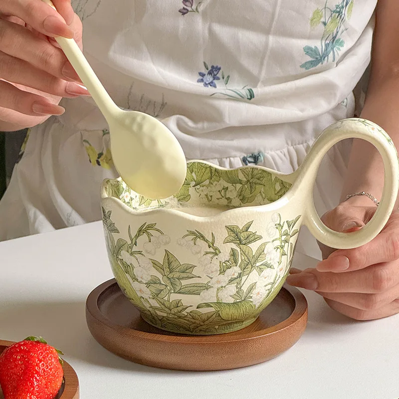 

Soup Bowl Ceramic Curved Handle Cup Bring A Spoon Breakfast Cup Milk Coffee Cup Ceramic Mug Breakfast Bowl Керамическая Посуда