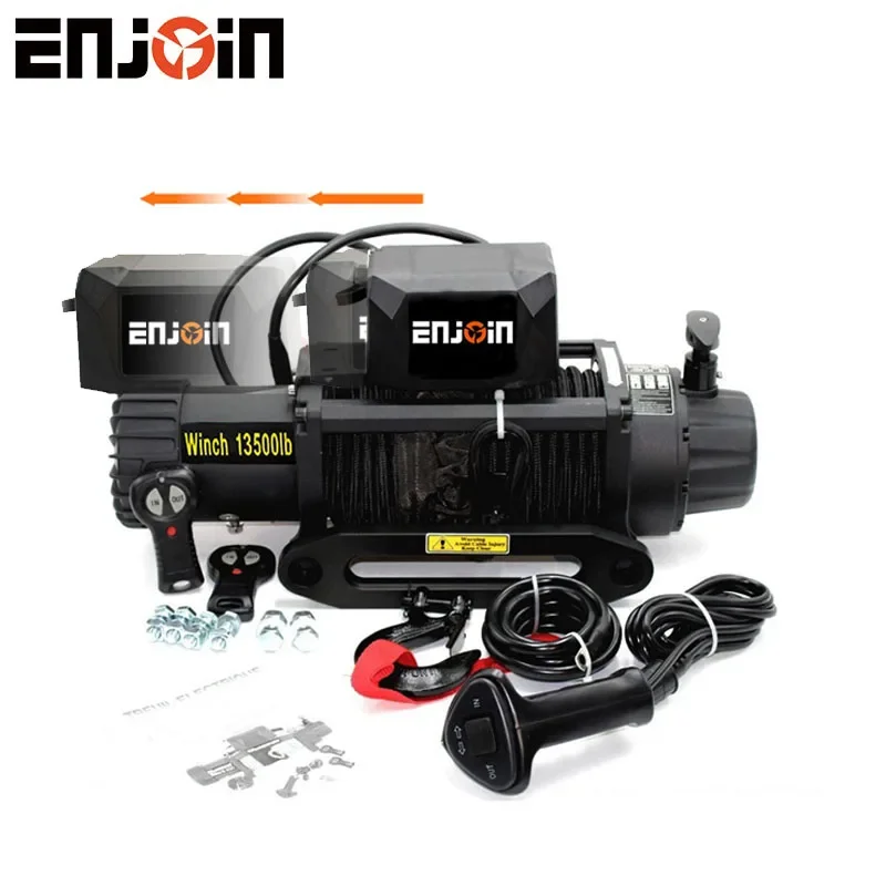 ENJOIN Hot Sell Carbon Series 12V Synthetic Rope Electric Winch 13500lb Load Capacity For 4x4 Off Road