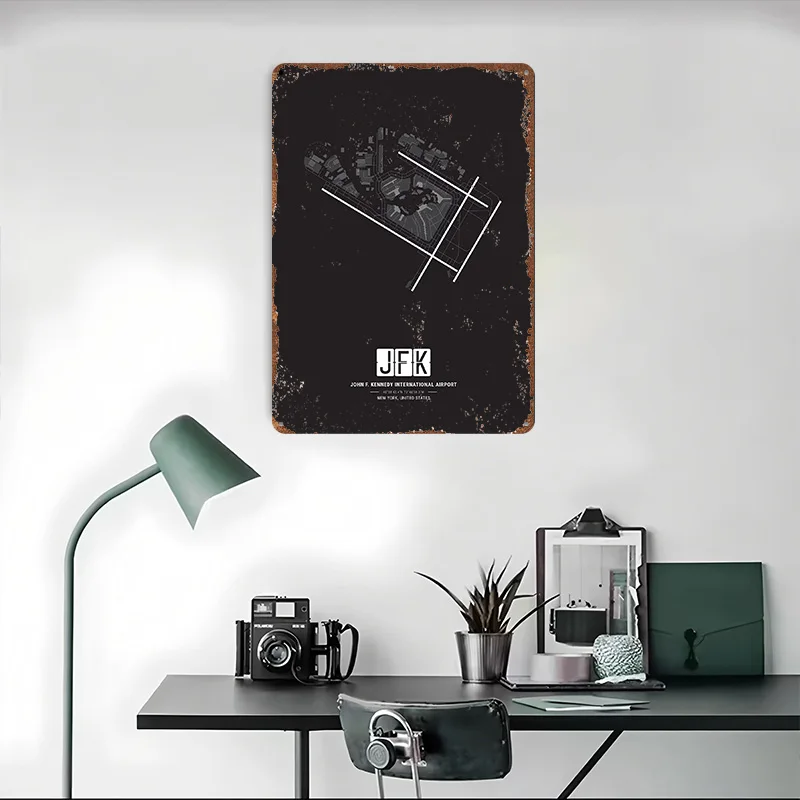 JFK مطار خريطة تين تسجيل الجدار ملصق فني خمر علامات معدنية الرجعية للديكور المنزل لوحات معدنية ديكور الحمام ديكور