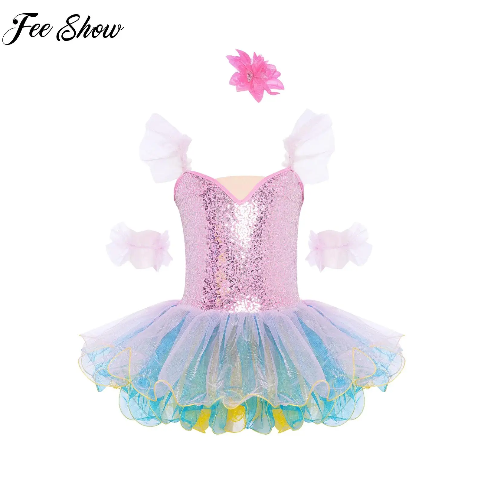 

Kid Ballet Dance Ball Gown Princess Party Dress Girl Fashion Ruffled Sleeves Sequins Figure Skating Performance Dancewear Outfit