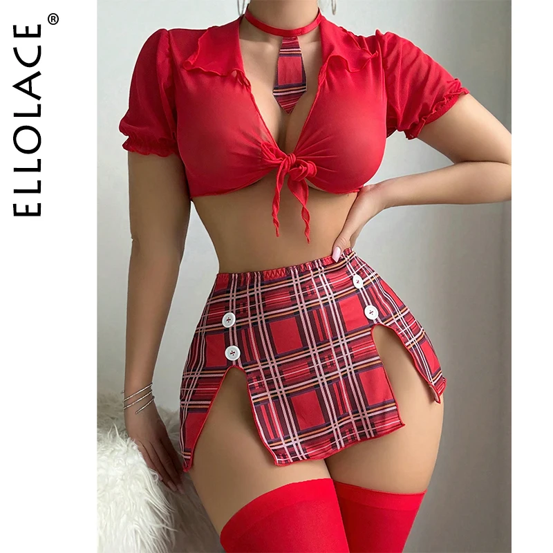 

Ellolace Valentine Sexy Lingerie Tempted Cosplay Top Skirt Panty 3PC with Choker Attractive Student Unitform Pure Desire