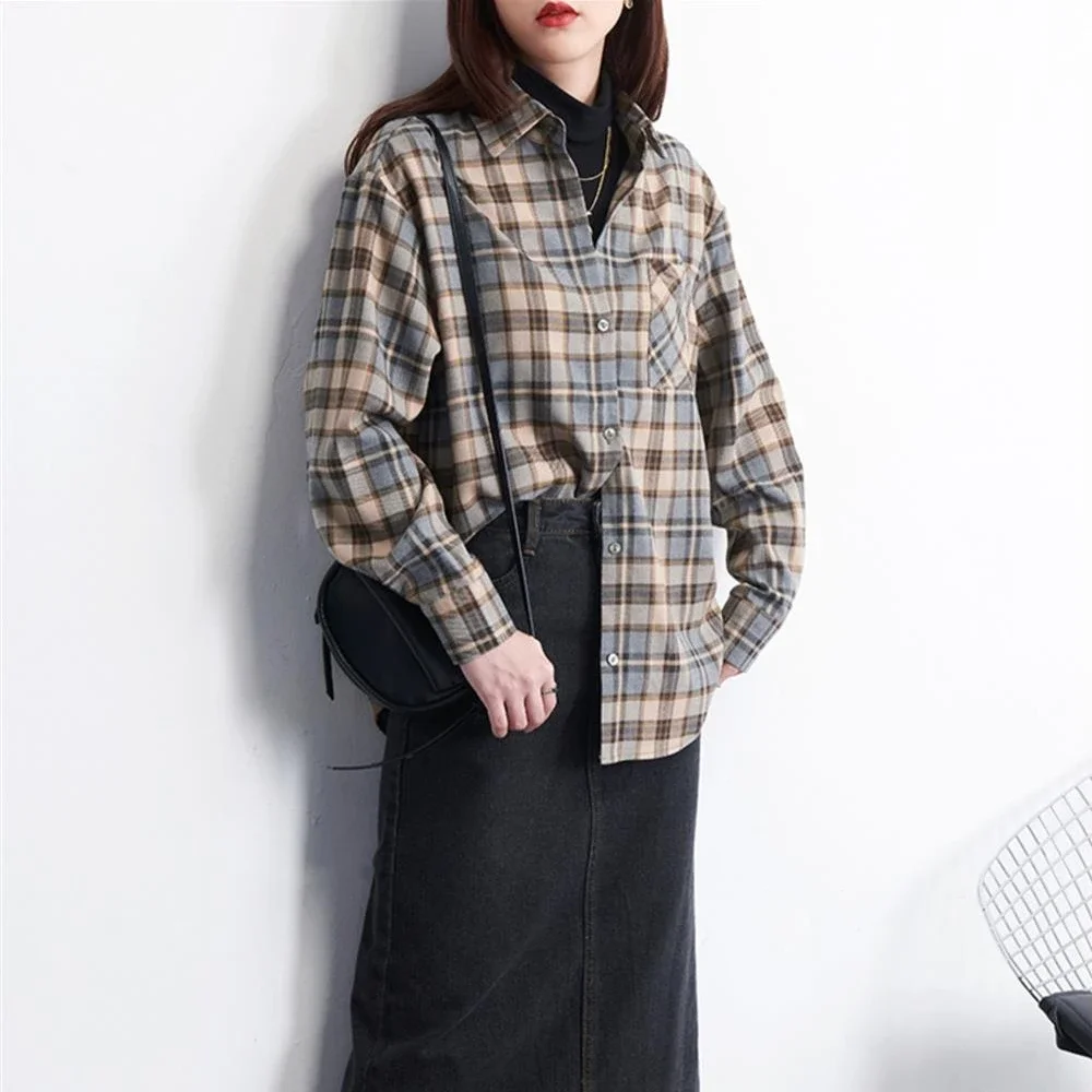 Geruite shirts Dames Elegant All-match Retro High Street Design Turn-down kraag Single Breasted Lange mouw Blouses Lady Ulzzang