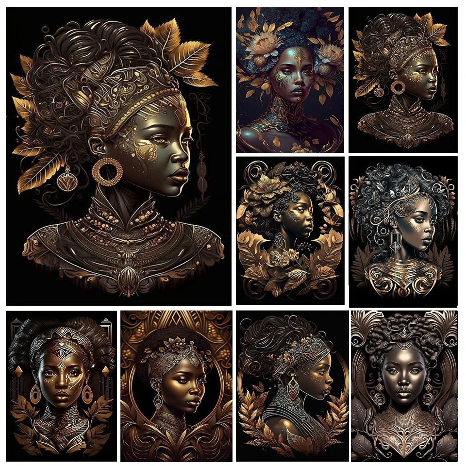 Fantasy Beautiful Black Gold African Woman Diamond Painting New 2023 Full Square Round Diamond Mosaic 5D Diy Cross Stitch Y1037