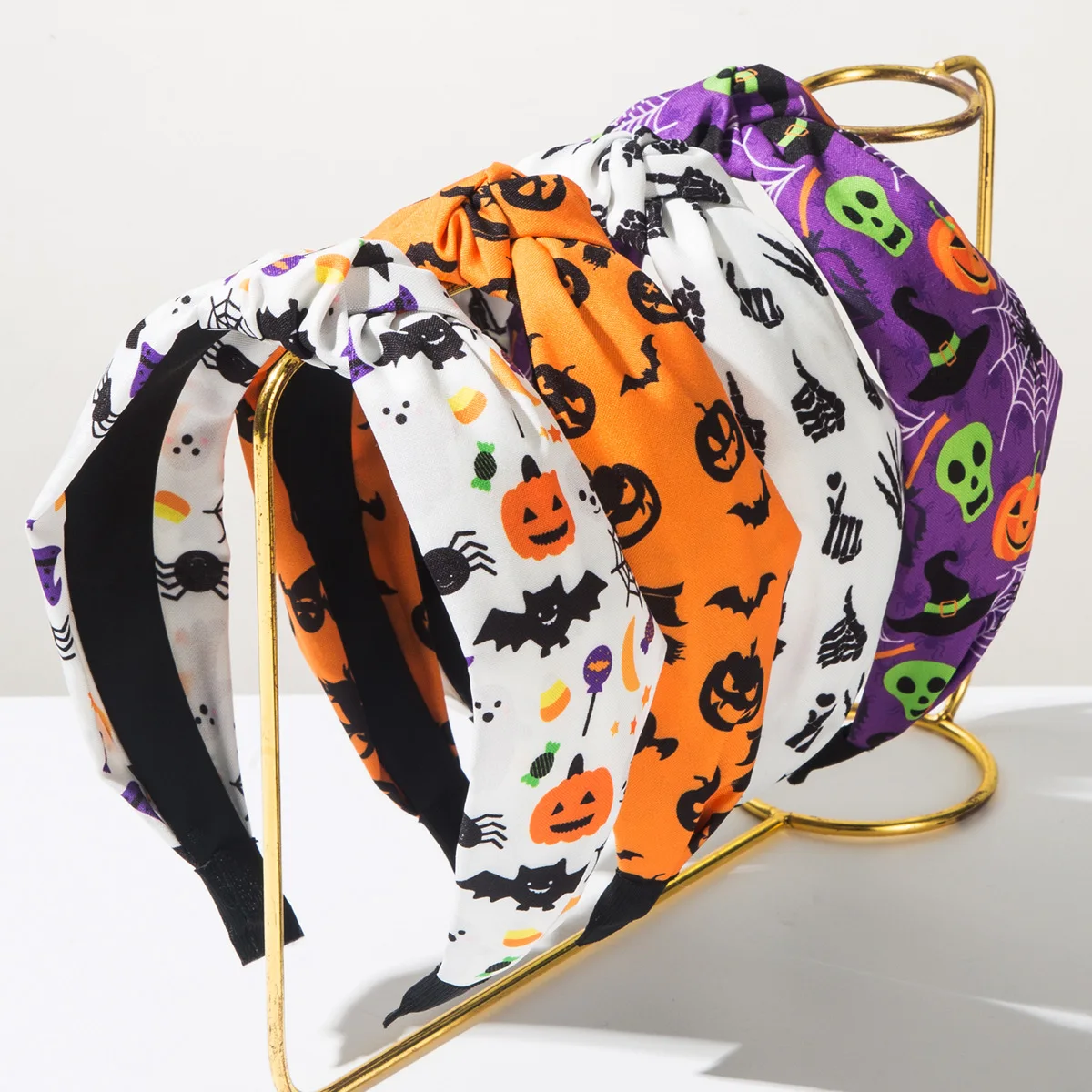 Women Halloween Cosplay Knotted Padded Headband Pumpkin Spider Bat Print Wide Hair Hoop Trick or Treat Hair Accessories