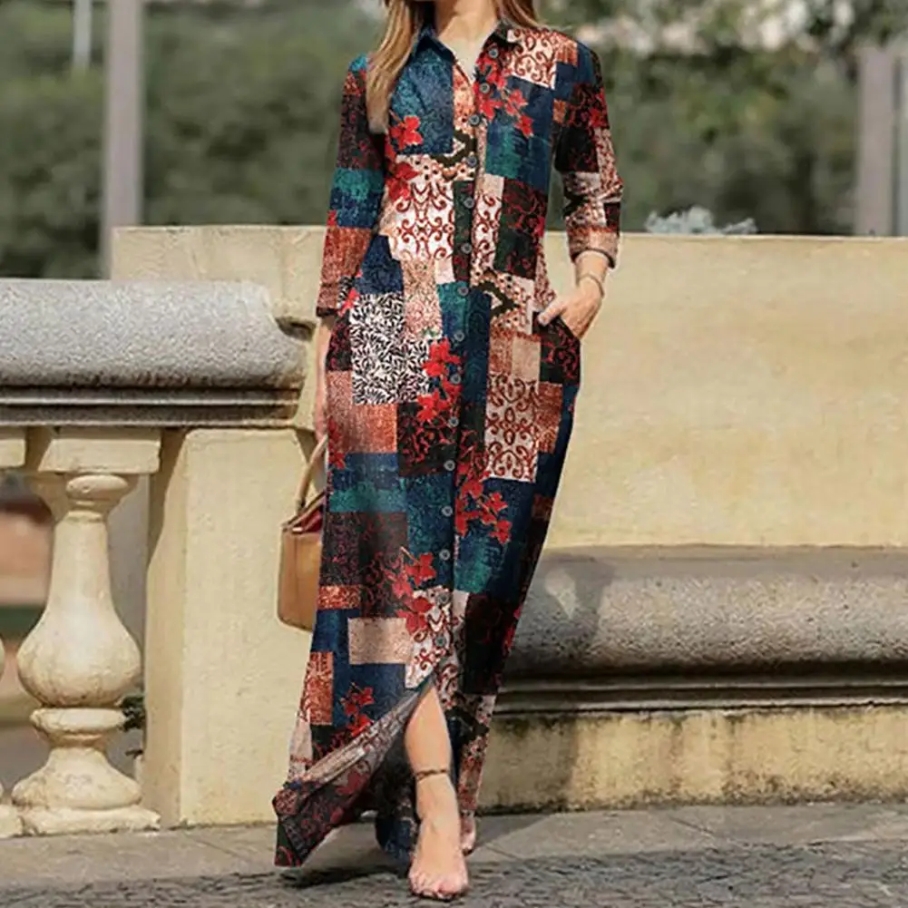 Long Dress  Slim   Women Dress Boho Retro Print Chiffon Shirt Dress