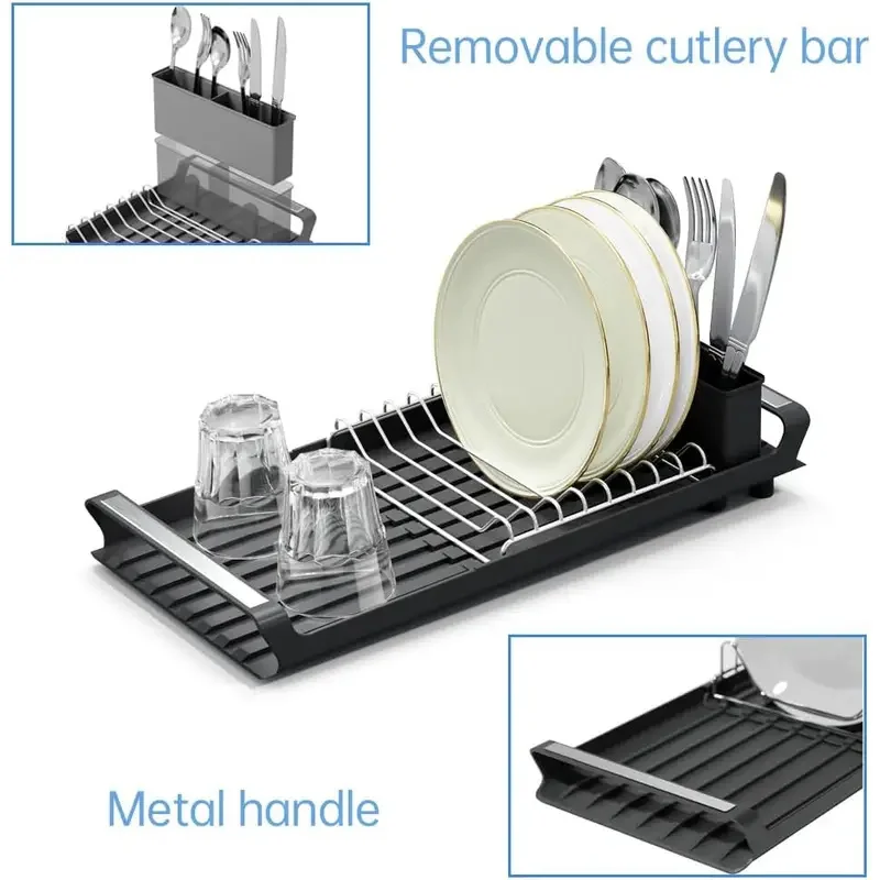 Expandable Small Dish Drying Rack for Kitchen Counter, Dish Drainer with Removable Cutlery Holder, Space-Saving Compact Design