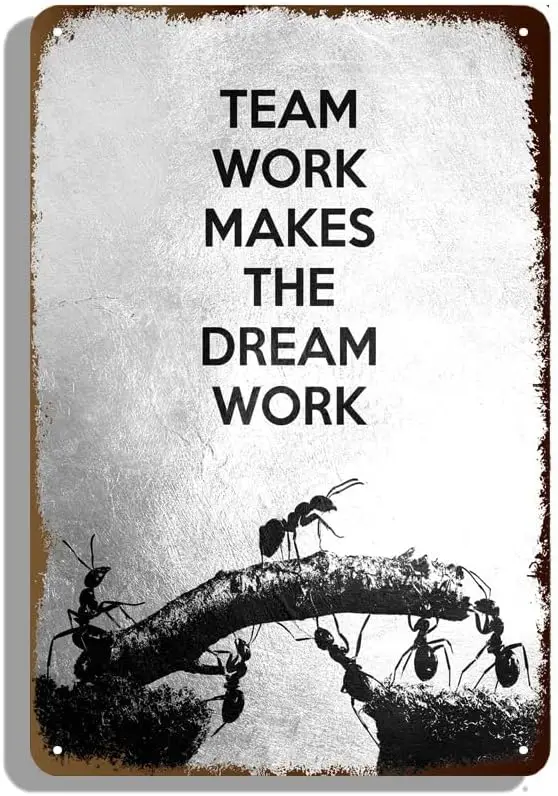 Tin Sign Vintage TEAM WORK MAKES THE DREAM WORK Motivational Quote Metal Tin Sian Poster Wall Decor For Classroom, Bathroom, Etc