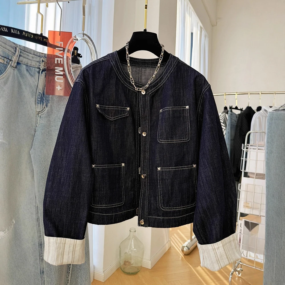 

Women Denim Jacket Autumn Vintage Blue Pocket Design Sense Rolled Edge Long Sleeve Coat Commuting Korean Style Female Tops New