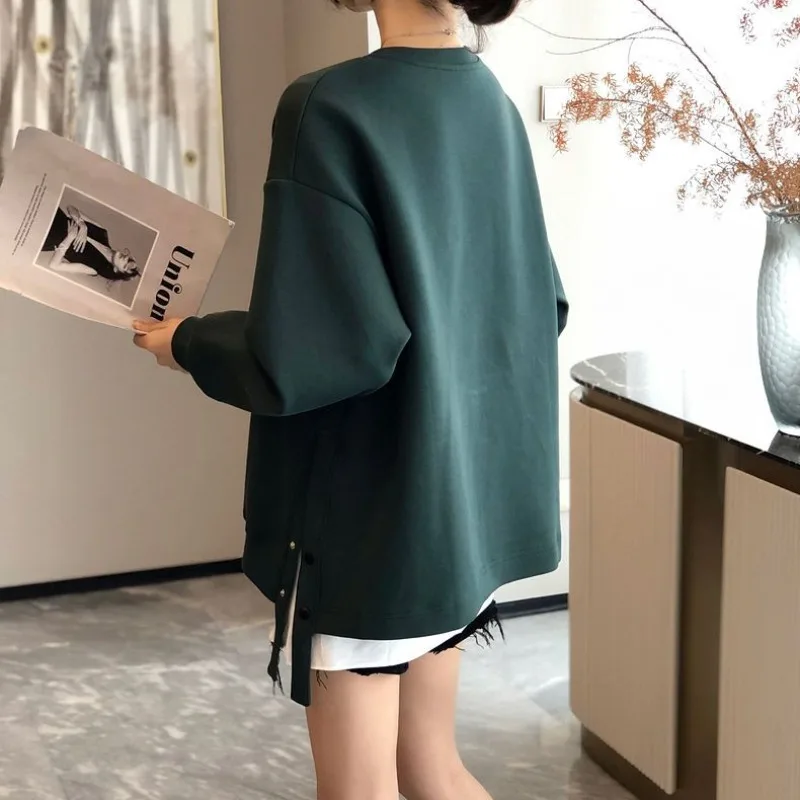 Casual Sweatshirts Women Plus Velvet Thicker Winter Warm Plus Size Korean Fashion Side Slit Clothes All-match O-neck Pullover