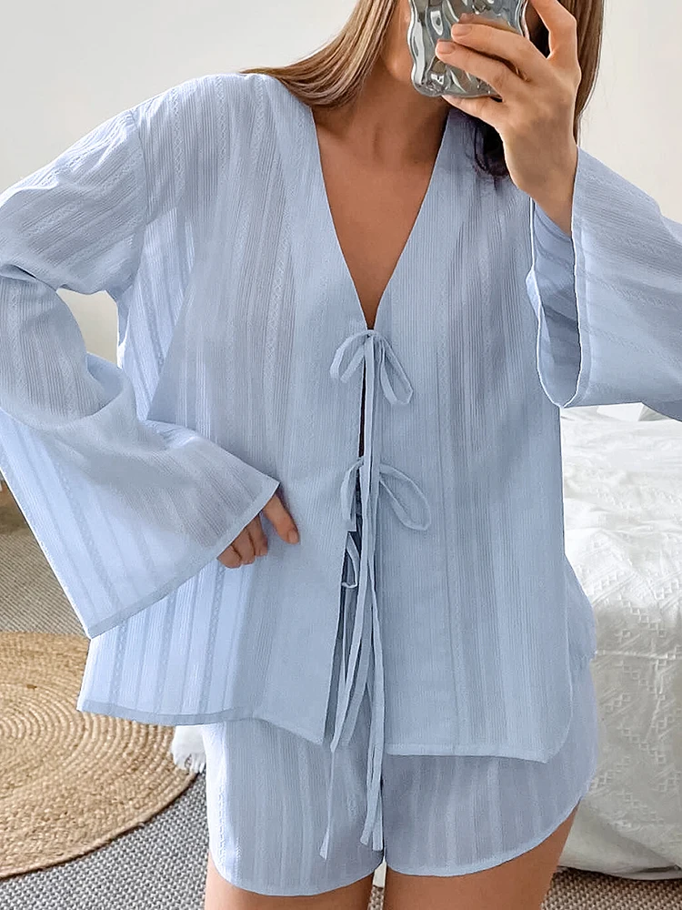 Linad Loose Women\'s Home Clothes 2 Piece Sets Blue V Neck Long Sleeve Pajamas Female Suits With Shorts 2024 Autumn Sleepwear