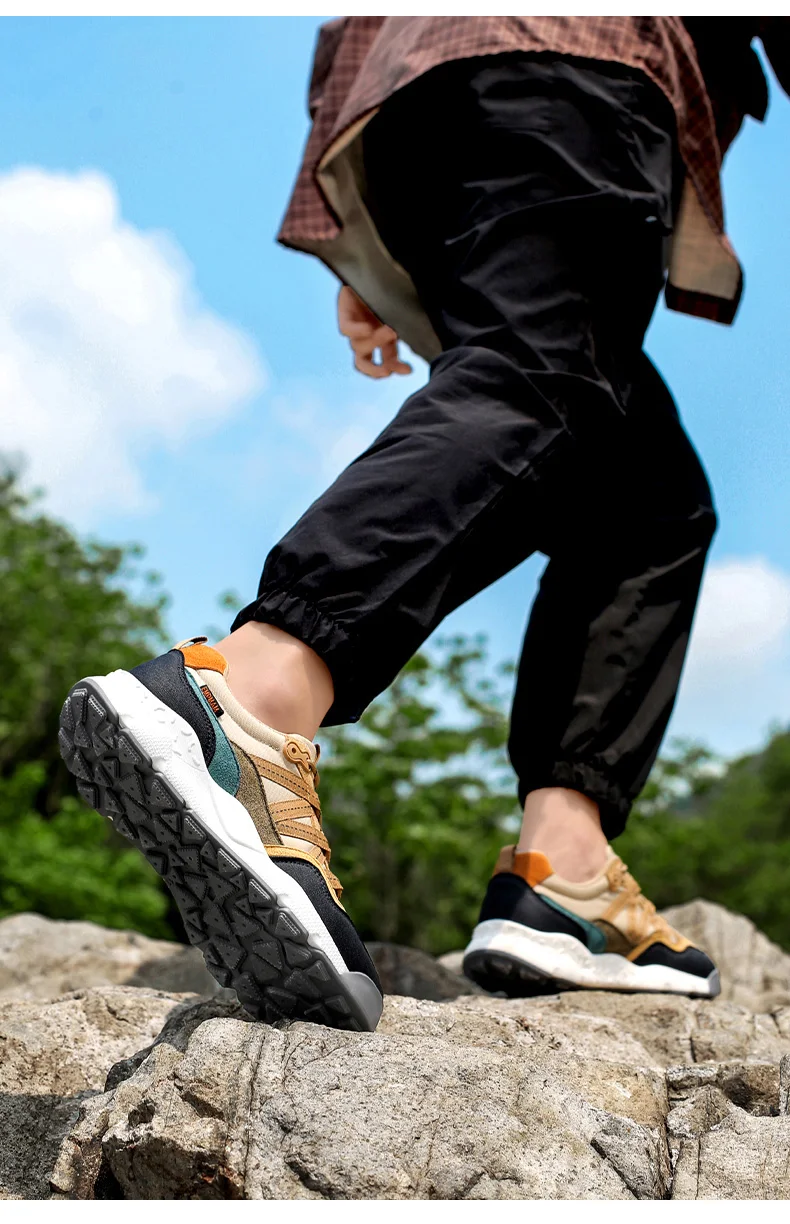 Herren Outdoor-Wanderschuhe Beige Schwarz Wildleder Mesh Patchwork Dicke Rutschfeste Sohle Trekking-Sneaker Schnürschuhe Camping Wandern – Detail 17