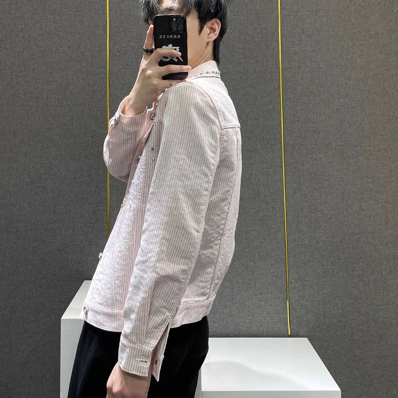 Fashion Retro Denim Jackets Men 2025 Niche Beaded Decoration High-end Denim Coats Male Long Sleeve Handsome Stylish Denim Jacket