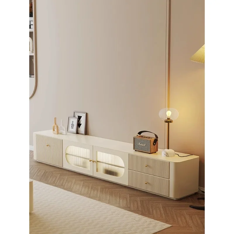 

Cream wind TV cabinet coffee table combination simple modern French solid wood milk white TV cabinet floor