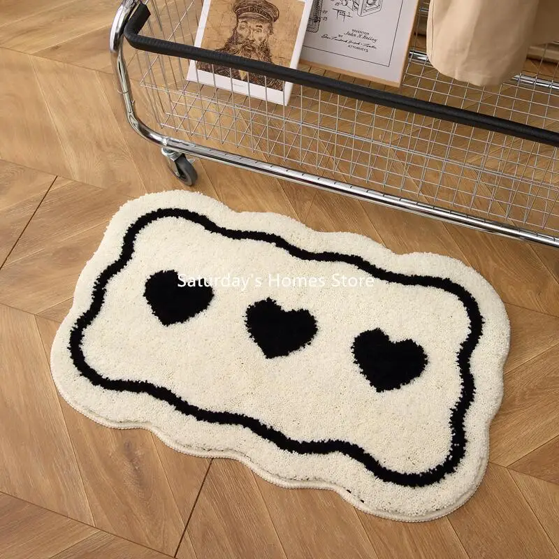 Tapis de Sol Fluffy Fluffy Lea, Polymères de Touffetage de Porte, Optique Douce, Absorbant, Toilette, Cuisine, Coeur Noir et Blanc