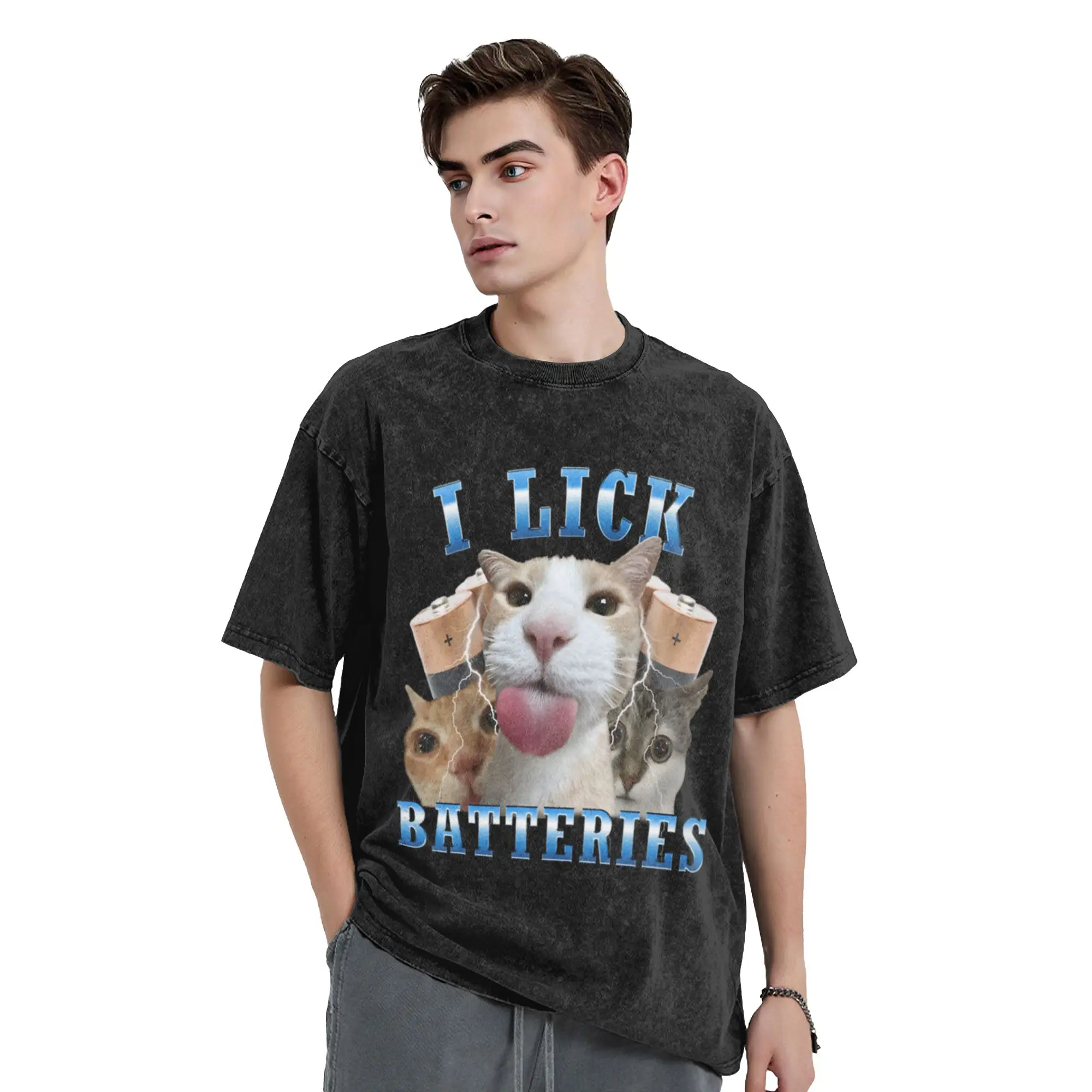 I Lick Batteries Funny Cat meme Unique Comfort A Vintage Oversized Cotton Unisex T-Shirts