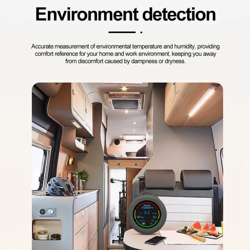 Detector de Qualidade do Ar para Interior e Viagem, 6 em 1, CO, O2, Temperatura, Umidade, Pressão Atmosférica, Altitude, Monitor