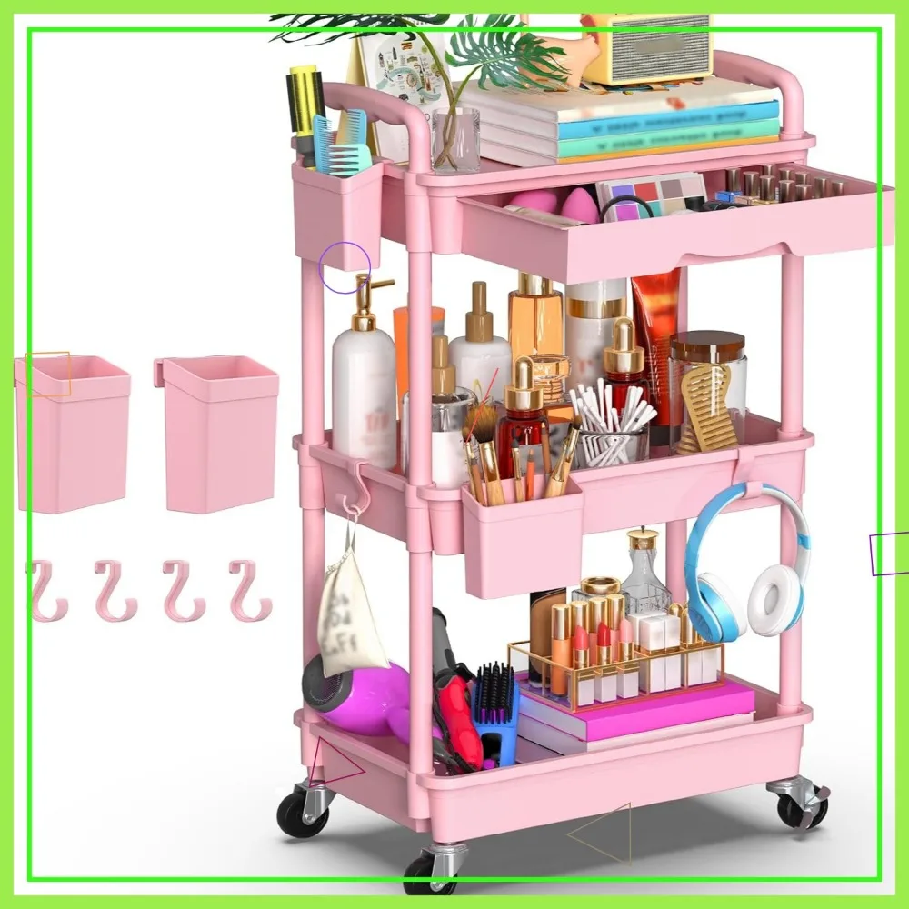 

3-Tier Rolling Cart with Removable Drawer & Lockable Wheels, Pink Storage Organizer for Bathroom Kitchen Craft