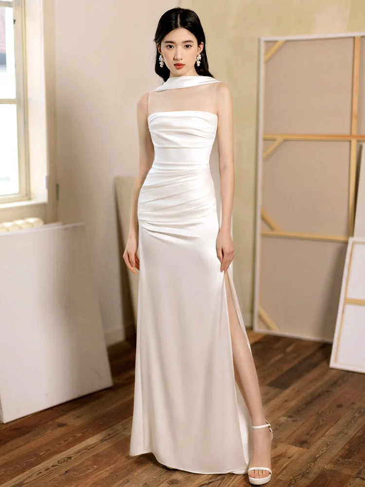 White Strapless Starry Sky Evening Dress Boat Neck Stain A-line Party Dress Summer Sexy Model Catwalk Prom Dress Vestido