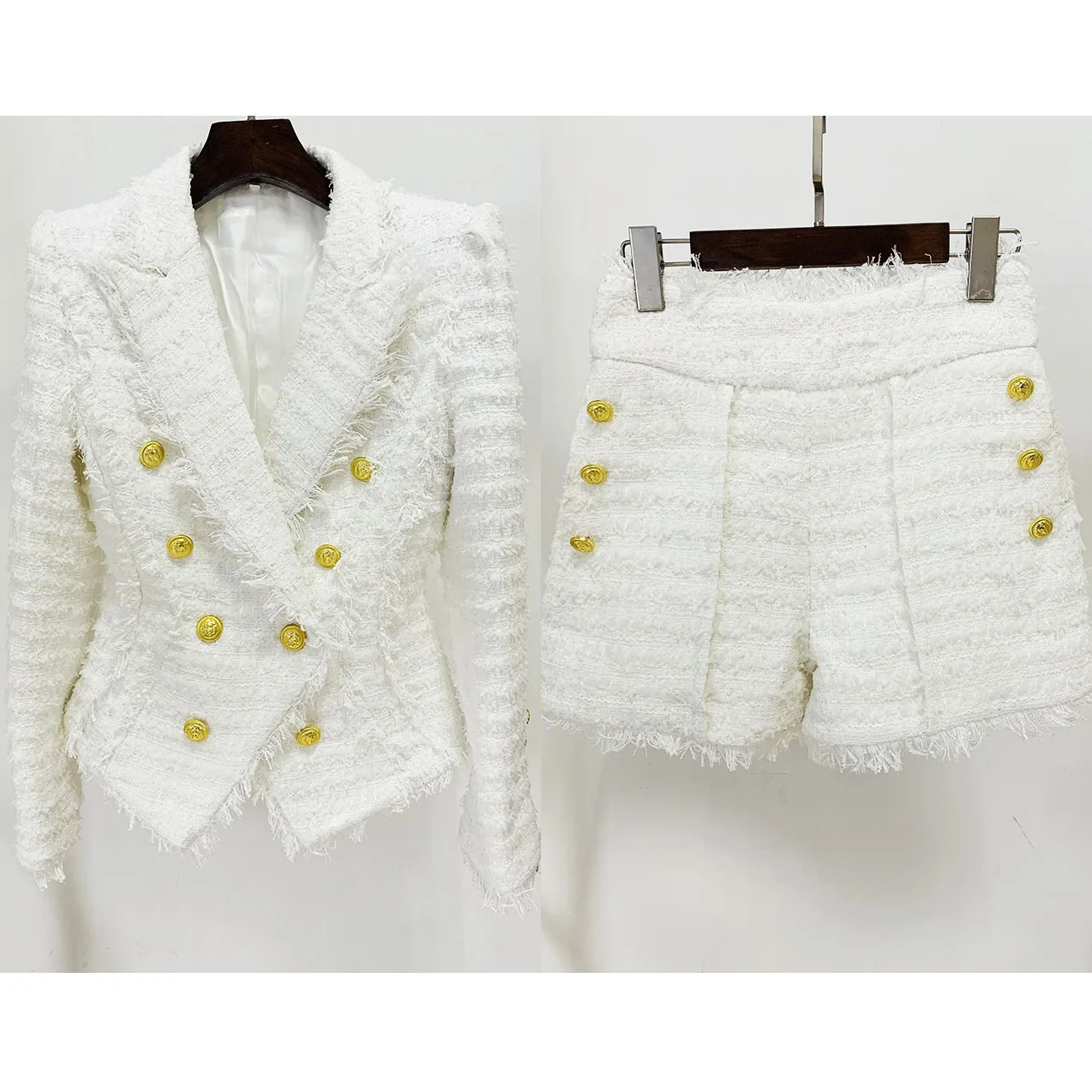 JAMERARY Double Breasted White Jackets Suits Coats Women Tweed Sets Golden Button Tassels Blazer Wide Leg Short Pants Suits