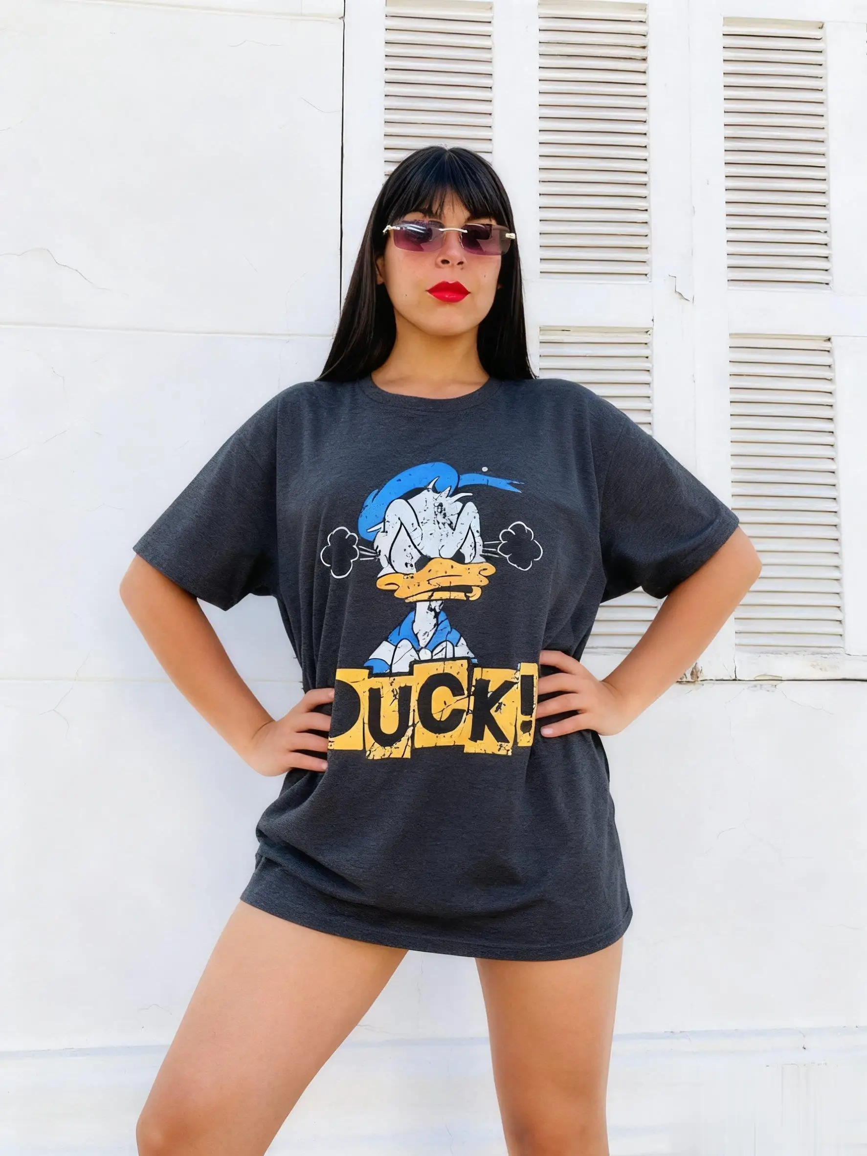Camiseta con estampado de pato Donald enojado de Disney para mujer, Tops informales holgados de algodón de manga corta, ropa de calle de dibujos animados Y2k