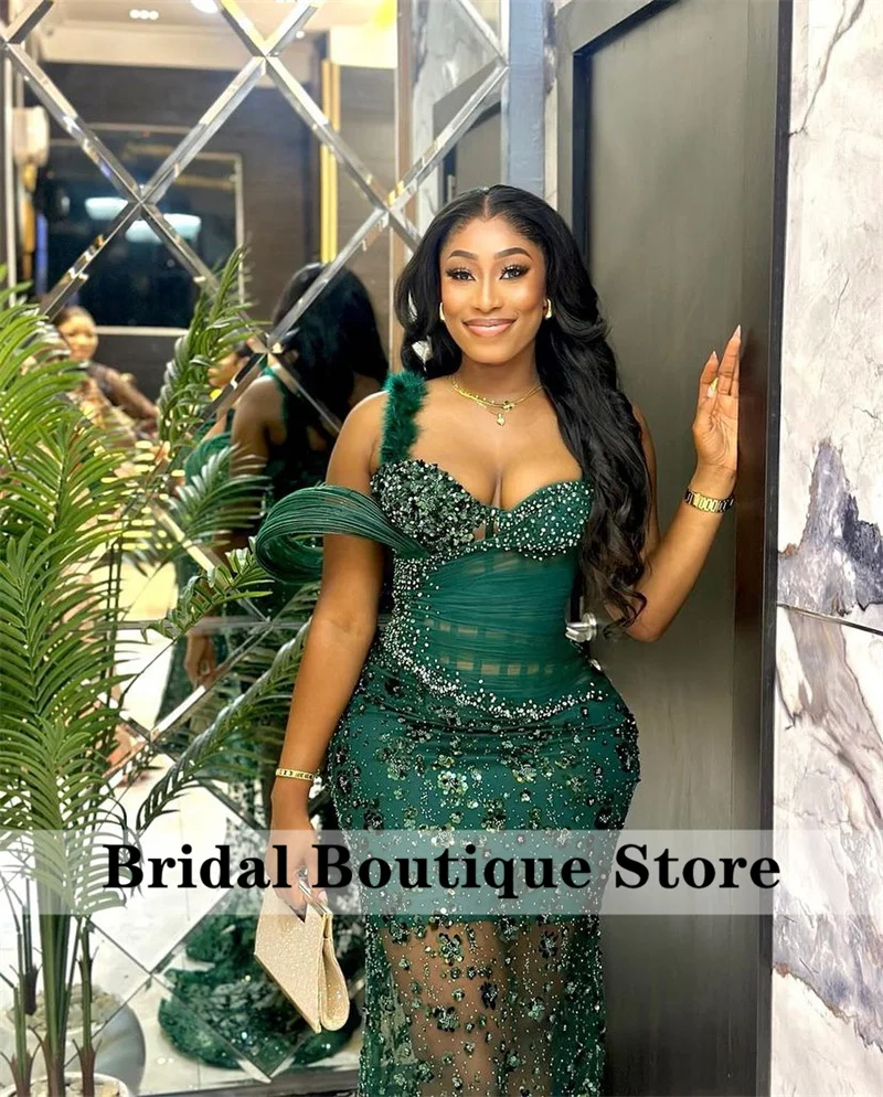 Exquisite Green Evening Dresses Glitter Beaded Sequins Crystals Feathers Elegant Wedding Party Formal Prom Gowns Customized