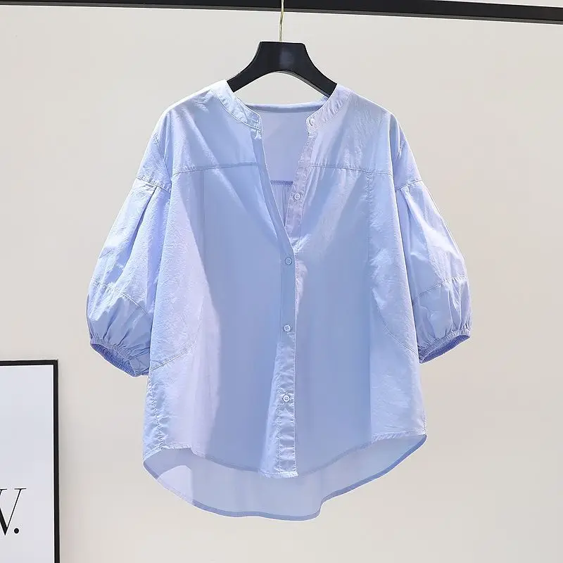 Summer Elegant Fashion Korean Style Retro Women's Shirt Button Loose Solid Color Irregular Folds Stand-up Collar Y2K Chic Tops