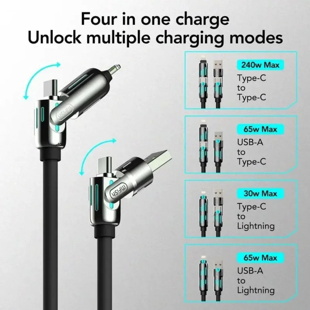 USB、Type C، Lightning-Max 240W شحن سريع ومزامنة البيانات MFISH 4-in-1 كابل شحن USB متعدد الوظائف لـ 16/15، iPad