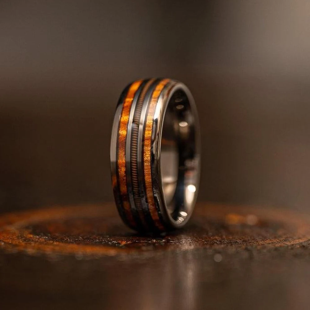 Cool 8mm Silver Color Camo Pattern Inlay Ring for Men