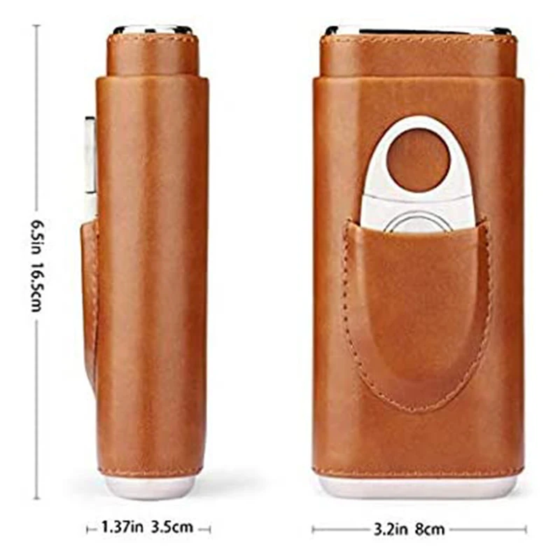 High Quality 3-Finger Humidors Portable Cigar Box Brown Cigar Cowhide Case with Cigar Cutter Retail