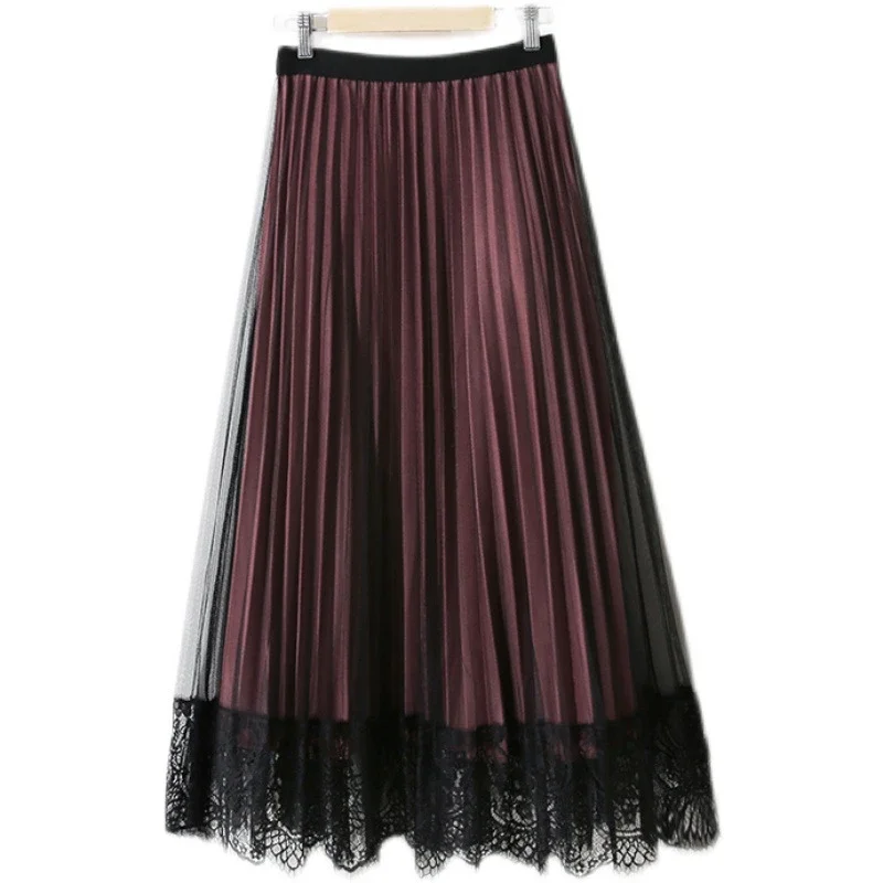 

TFETTERS Wear on Both Sides Lace Sweet Solid Color Retro Pleated Skirt with High Waist and Bright Silk Stitching Mesh Skirt