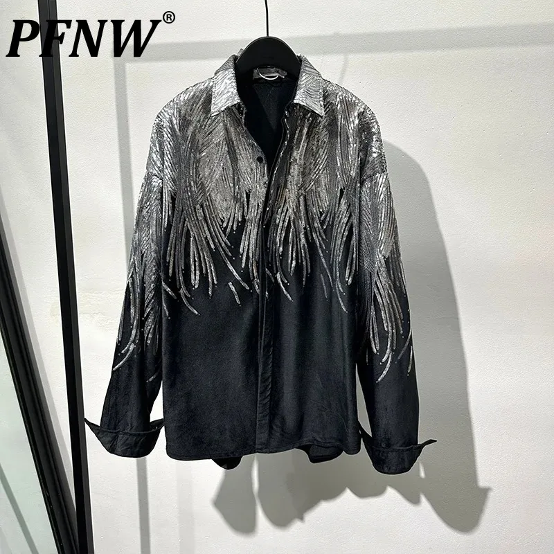 

PFNW Men's Sequin Y2K Shirts Fashionable High Quality Light Luxury Baggy Sports Handsome Motorcycle Casual Tops Autumn 21Z1199