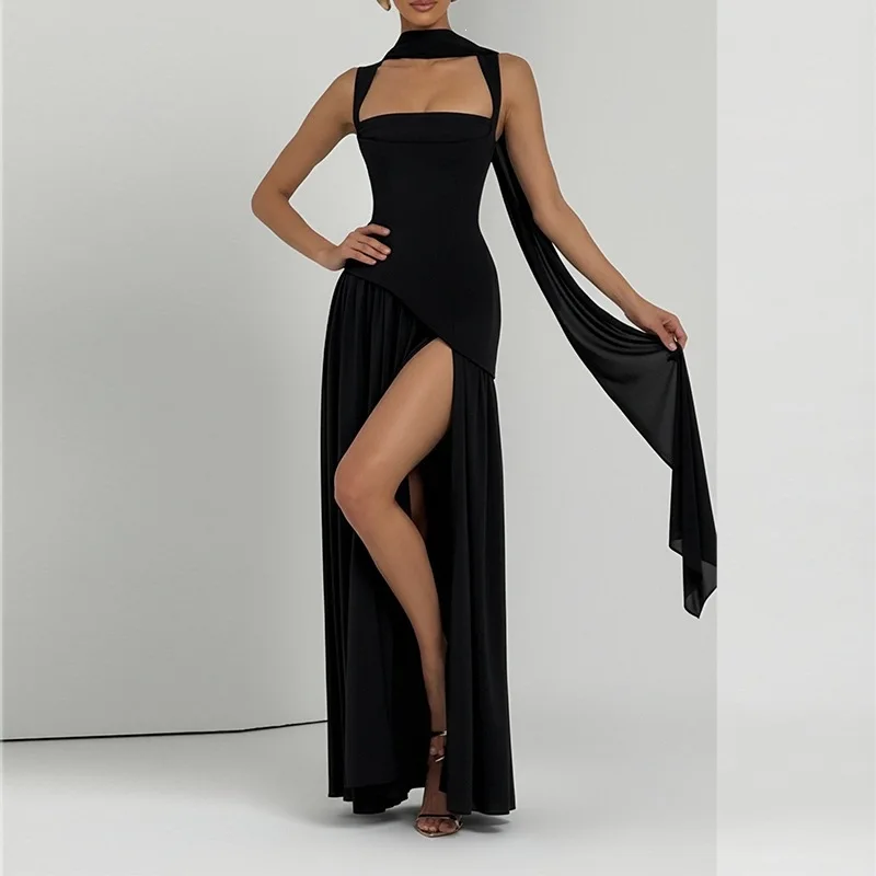 Elegant Sexy Backless Pleated Split Sling Dress Dresses Spring Summer Matching Set Jumpsuit Playsuit
