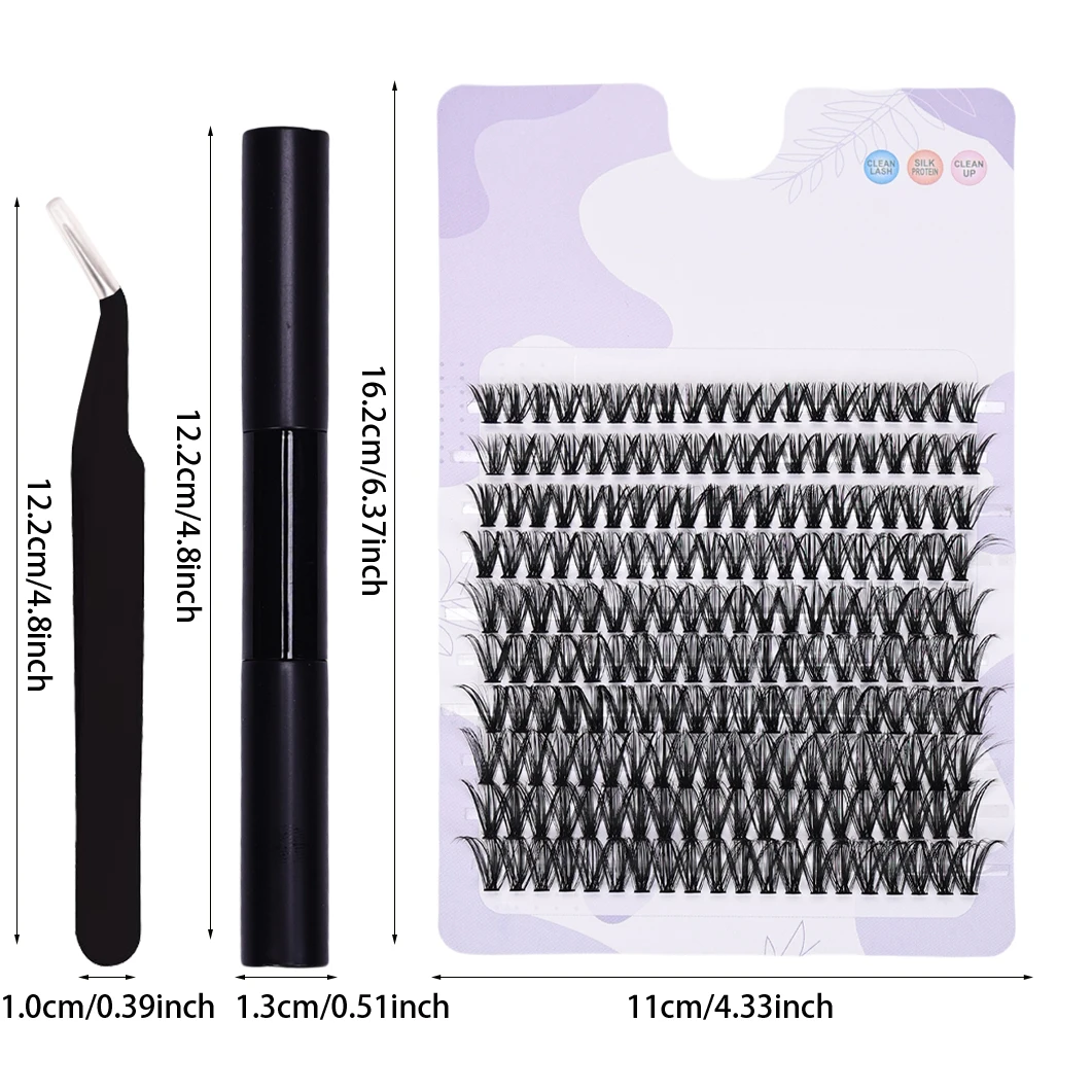 False Eyelash Extension Kit - 200pcs Clusters with Adhesive and Sealant Plus Tweezers for DIY Lash Extensions