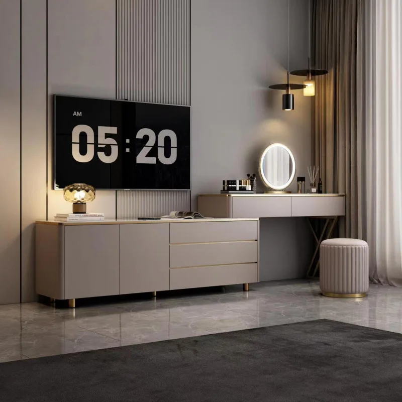 

Light luxury all solid wood rock slab dresser chest cabinet integrated telescopic storage cabinet bedroom Internet celebrity TV