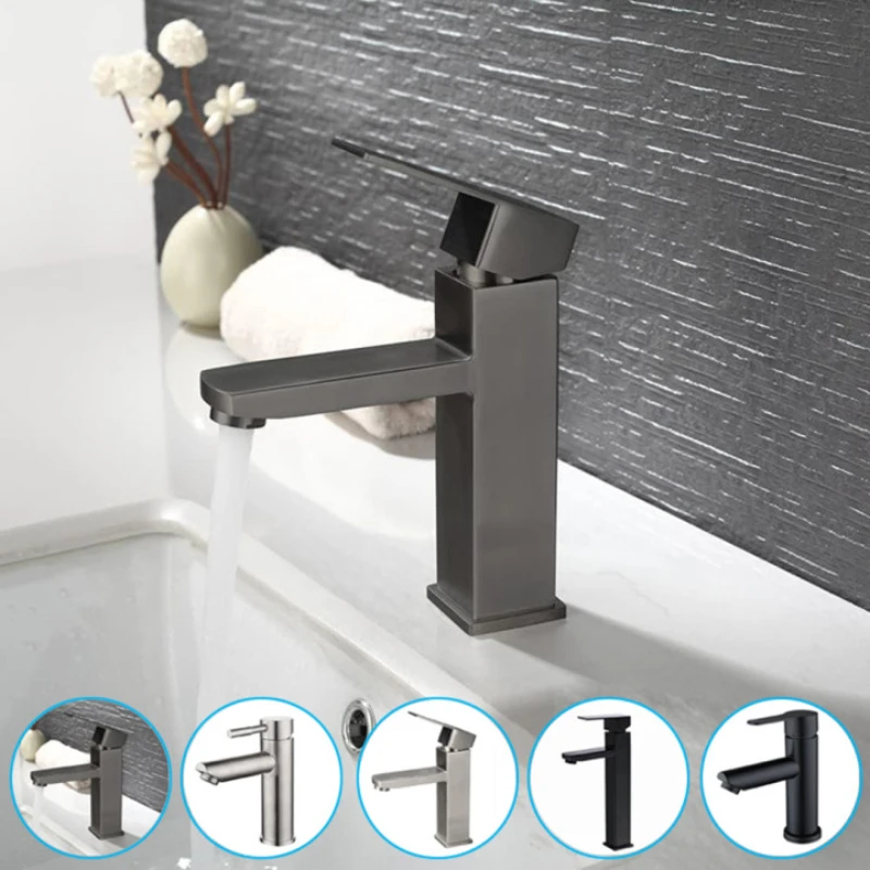 Basin Sink Bathroom Faucet Deck Mounted with Hot Cold Water Mixer Taps in Matte Black Finish Lavatory Sink Tap Crane Style